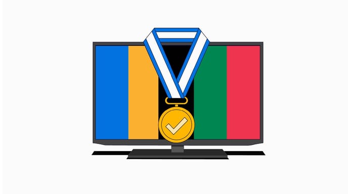 Graphic of an Olympics banner in a TV with a medal over it