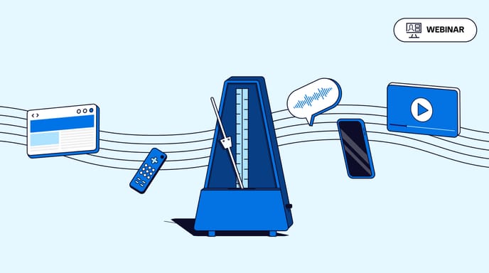 Illustration of a metronome surrounded by icons for web, mobile, video, TV, and audio ads, symbolizing synchronized omnichannel advertising.