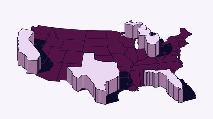 A 3D map of the United States showing specific states elevated in light purple against a dark purple background map.