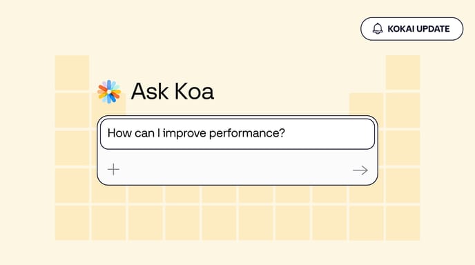 The Trade Desk interface showing Ask Koa with a text box asking How can I improve performance? and a Kokai Update button on a light yellow background.