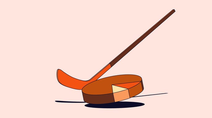 Illustration of an orange hockey stick lying on a large brown hockey puck with a shadow, set against a pale pink background.