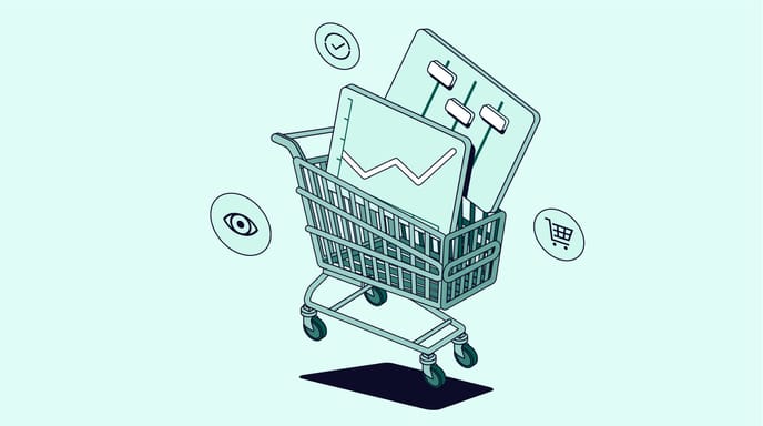 Green graphic of a shopping cart and various retail logos