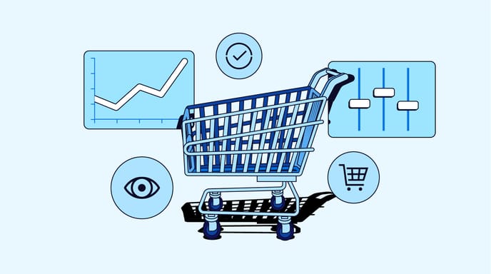 Graphic of a blue shopping cart with various retail data logos floating around it and The Trade Desk logo in the top left corner