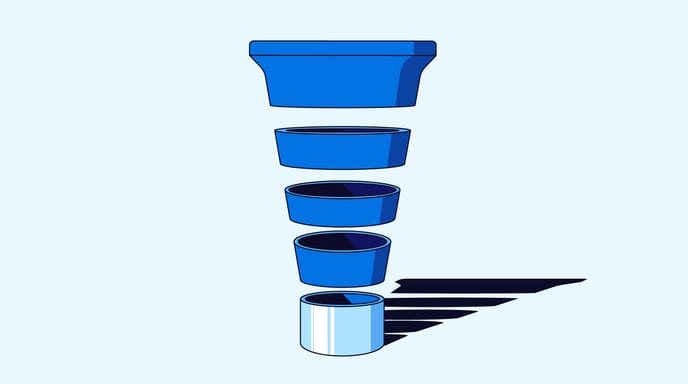 Layered blue funnel diagram showing stacked cylindrical segments narrowing downward into a single base cylinder.