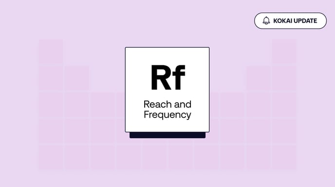 A central white card labeled "Rf" and "Reach and Frequency" sits on a lavender background with a "KOKAI UPDATE" pill in the top right.