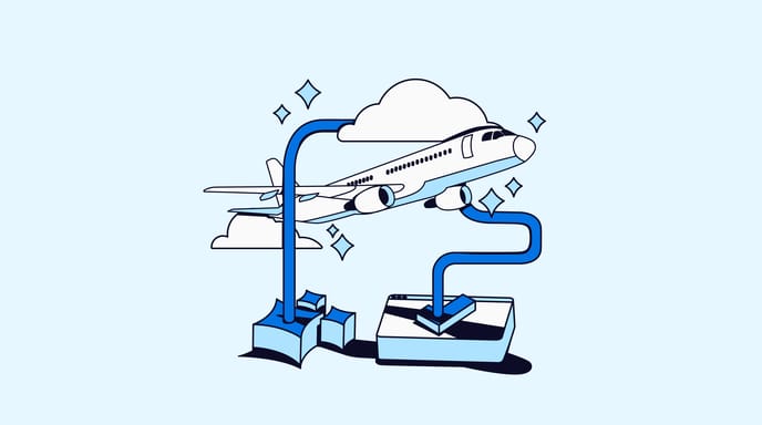 Illustration of an airplane taking off, connected by blue pipes to platforms.
