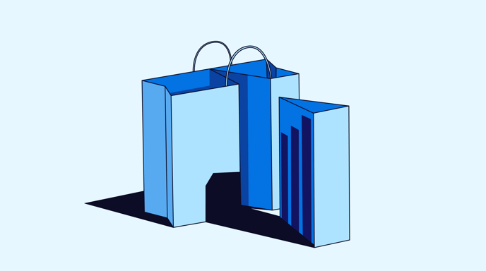 Two light blue shopping bags, one of which features a dark blue bar graph design on its side against a pale blue background.