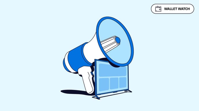Blue and white illustration of a large megaphone positioned behind a blank digital billboard, with a “Wallet Watch” button visible in the top right corner.