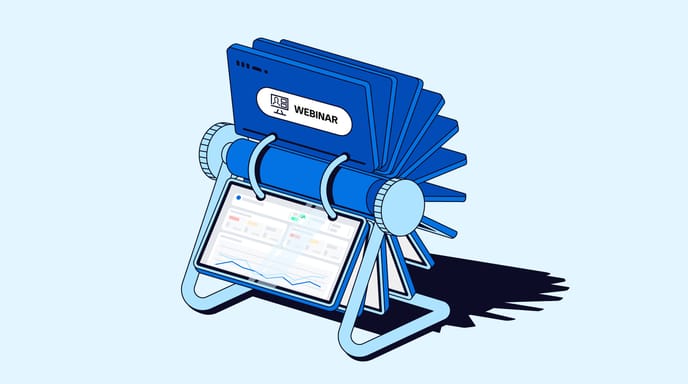 A blue desk flip calendar displaying a Webinar card on top and a data dashboard on the front.