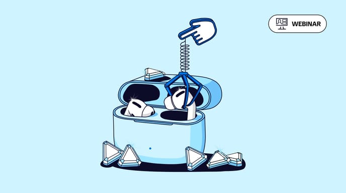 An illustration of a blue earbuds case with two earbuds inside, a hand pointing at a spring mechanism, and geometric shapes around it.