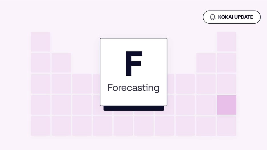 A stylized tile labeled "F Forecasting" centered on a purple grid background, with a notification icon reading "Kokai Update" in the top right corner.