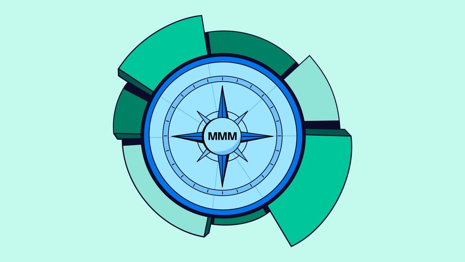 A stylized compass graphic with the letters "MMM" in the center, surrounded by segmented circular design elements in varying shades of blue and green.
