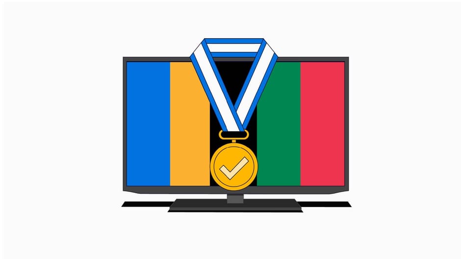 Graphic of an Olympics banner in a TV with a medal over it