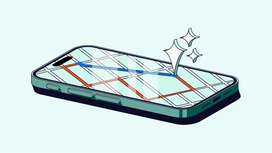 Green graphic of maps on a phone with sparkles coming off the screen