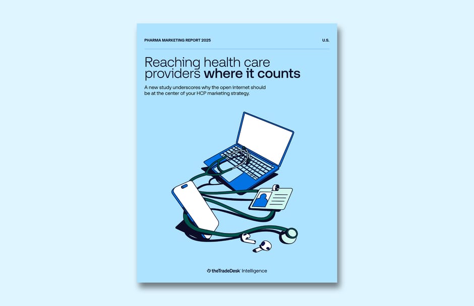 Cover of Pharma Marketing Report 2025 with illustration of a laptop, smartphone, stethoscope, ID badge, and earbuds highlighting strategies to reach health care providers.