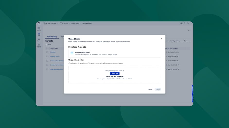 Product catalog management interface showing an “Upload Items” modal with options to download a template and upload files to update catalog items.
