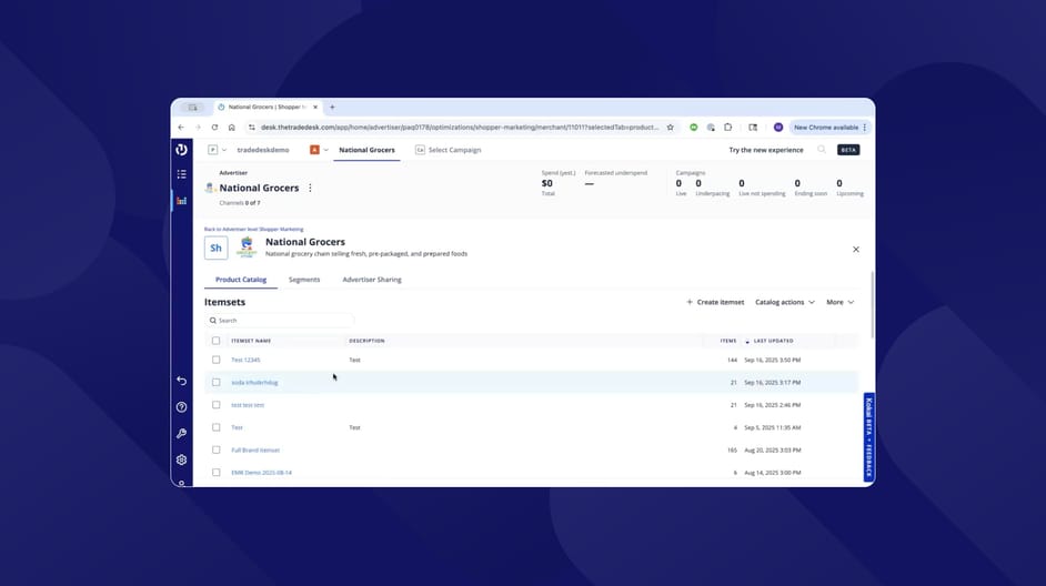 OpenTTD demo screen showing a Product Catalog for Advertisers interface with a dashboard view of item sets for a national grocery advertiser.