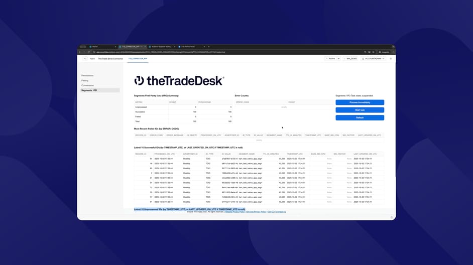 Screenshot of The Trade Desk Connector interface displaying a Segment First Party Data (SPD) summary dashboard with error counts, processing controls, and a detailed table of recent data records.