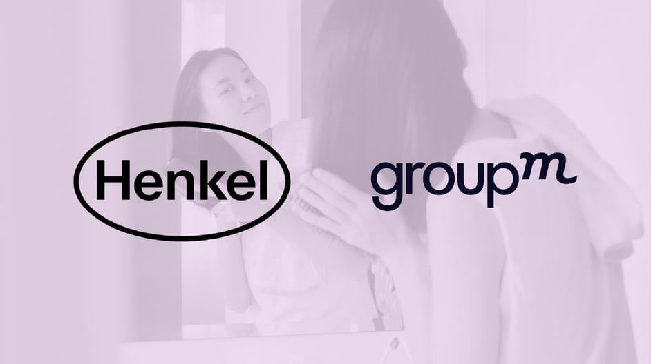 Logo of Henkel and GroupM displayed side by side against a purple background and image of a person brushing their hair.