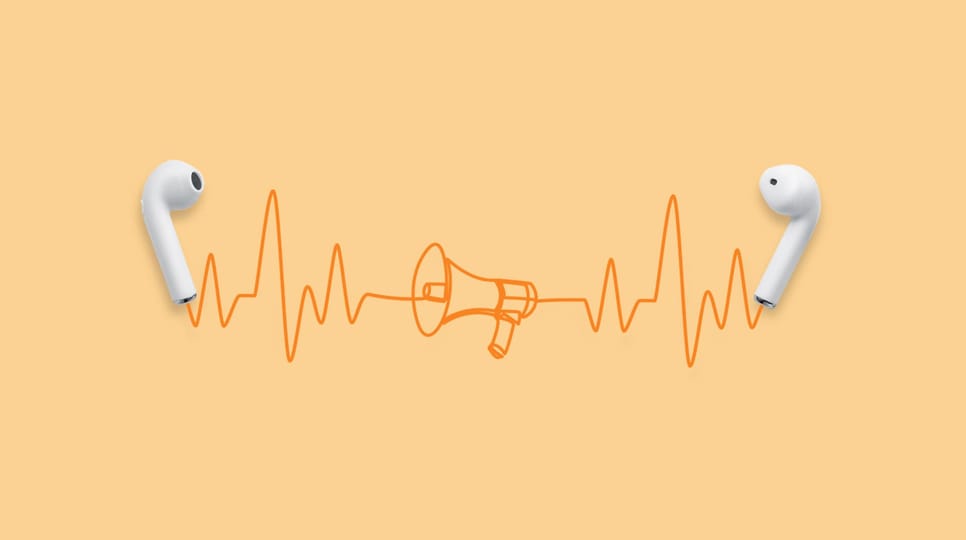 Pair of airpods laying on a light orange solid background with illustrated lines and a megaphone in between them