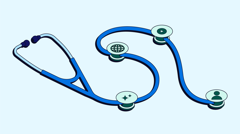 Blue graphic of a stethoscope with logos representing pharma insights