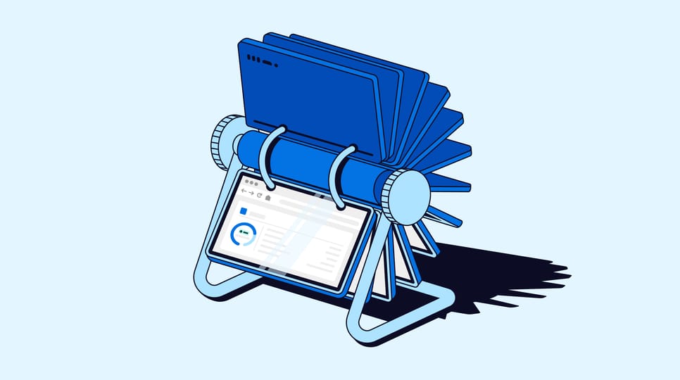 Illustration of a rotating flip-style display of web pages above a tablet dashboard, representing website testing, experimentation, or optimization tools.