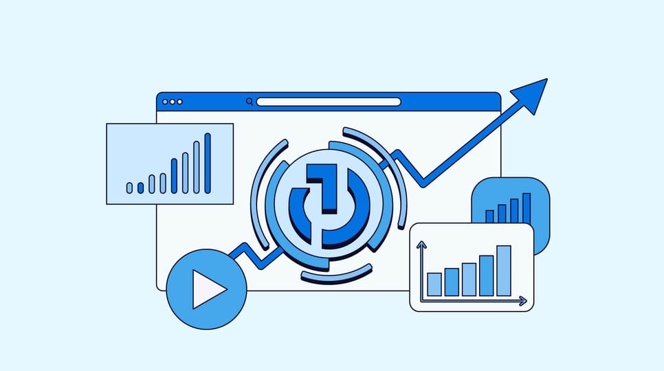 An illustration featuring a computer screen displaying graphs, a play button, all in blue tones.