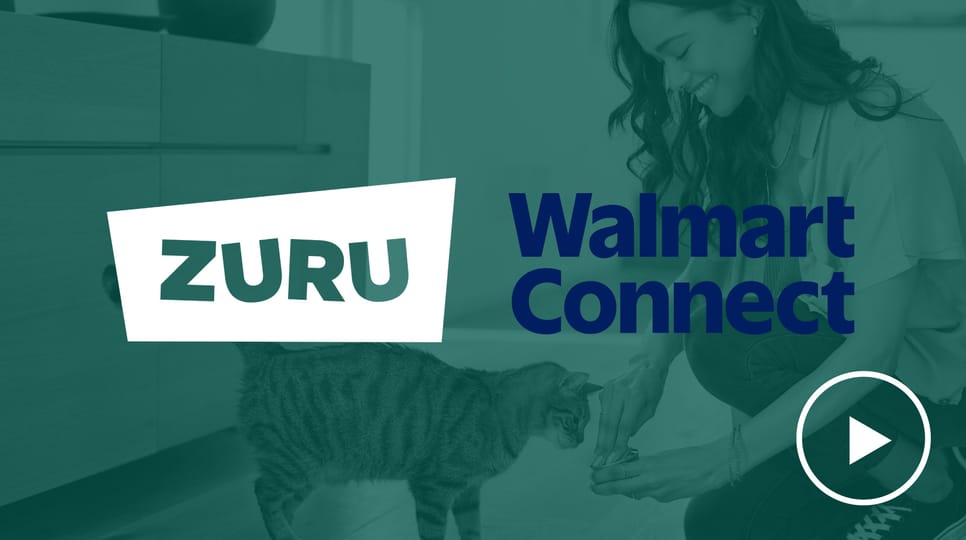 Woman feeding a cat with the Zuru and Walmart Connect logos over laid.