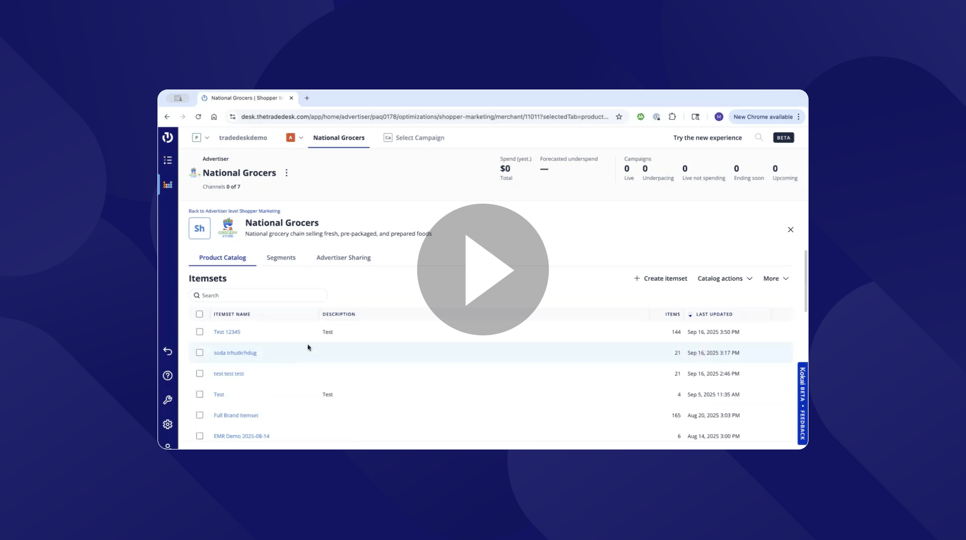 OpenTTD demo screen showing a Product Catalog for Advertisers interface with a dashboard view of item sets for a national grocery advertiser.