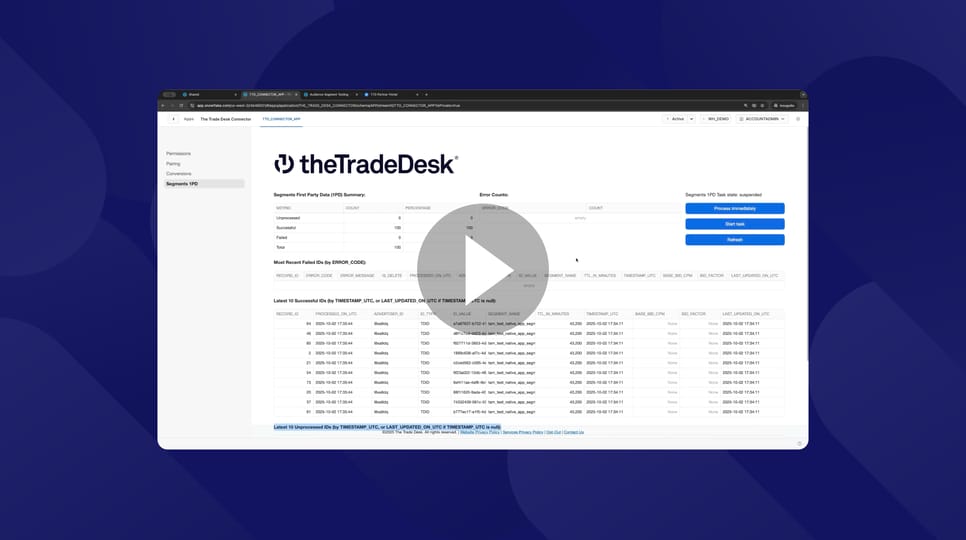 Screenshot of The Trade Desk Connector interface displaying a Segment First Party Data (SPD) summary dashboard with error counts, processing controls, and a detailed table of recent data records.