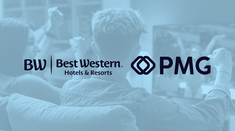 Group of people watching gymnastics at the Winter Games on their television, with a blue overlay and "Best Western" and "PMG" logos over top