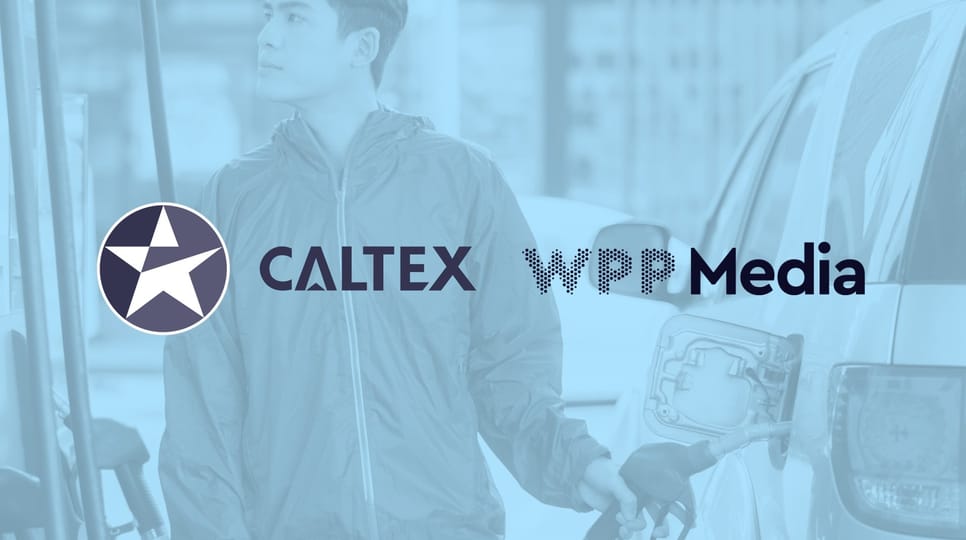 Blue graphic of a man pumping gas into his car with Caltext and WPPMedia logos over the top