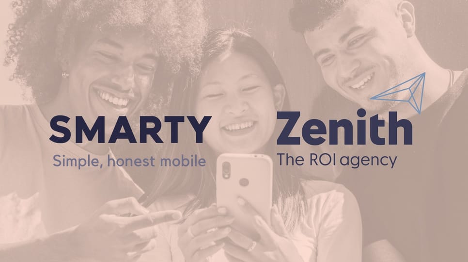 Three people staring at a phone with SMARTY and Zenith logos placed over top