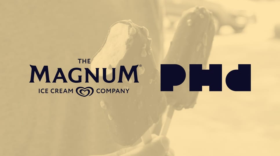 Yellow image of a hand holding two ice cream bars, with the Magnum Ice Cream Company and PHD logos over top