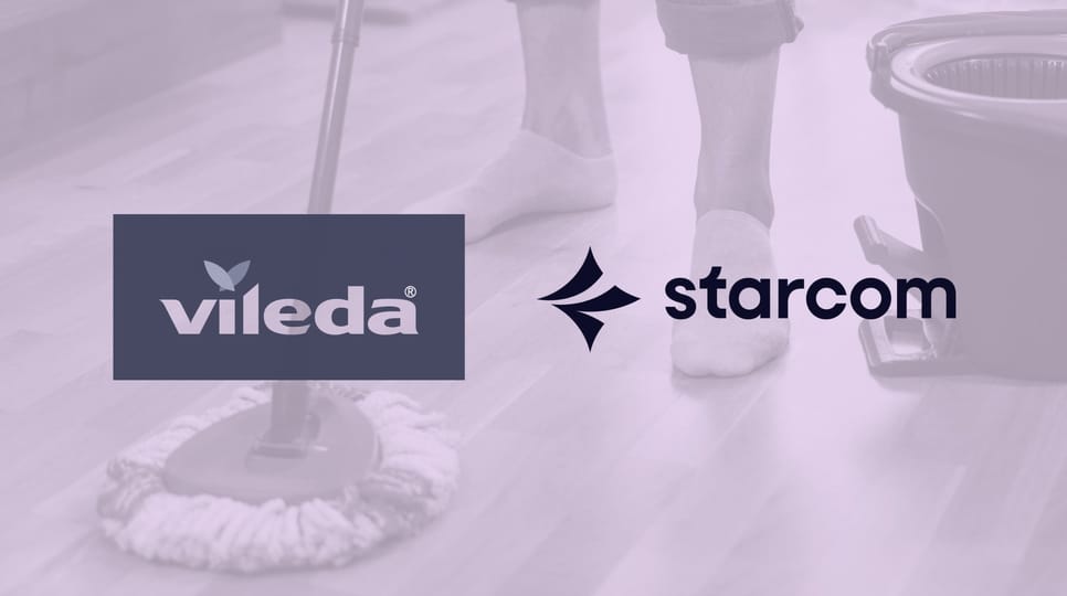 Purple graphic of a person mopping with Vildeda and Starcom logos placed over