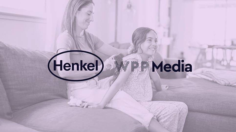 Purple graphic of a woman braiding a child's hair with Henkel and WPP Media logos in the center