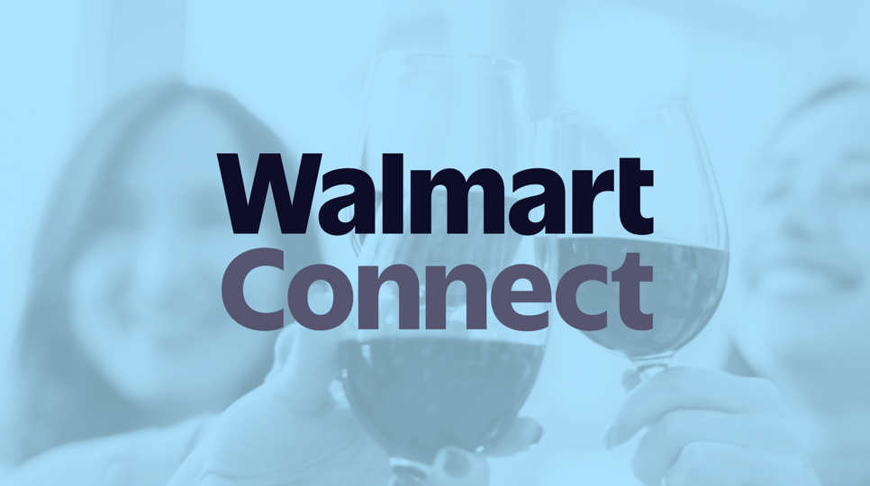 Two women holding clear glass stems filled with deep red wine, clinking their glasses together in a toast. Hazy blue overlay with a Walmart Connect logo overtop.