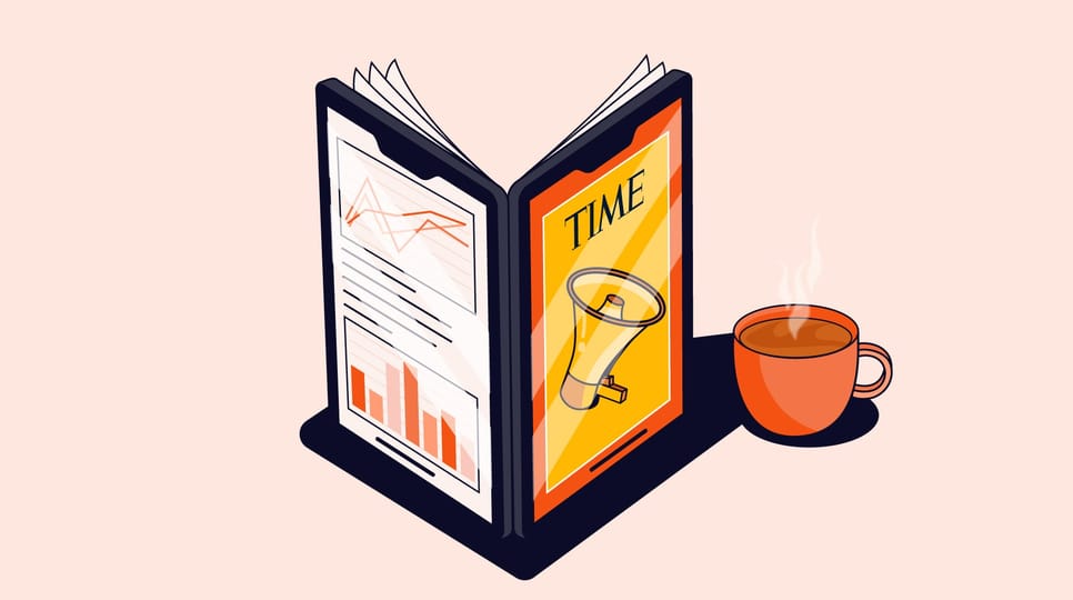 Illustration of a magazine/iPad hybrid displaying charts on one page and a megaphone icon on the other, next to a steaming coffee mug.