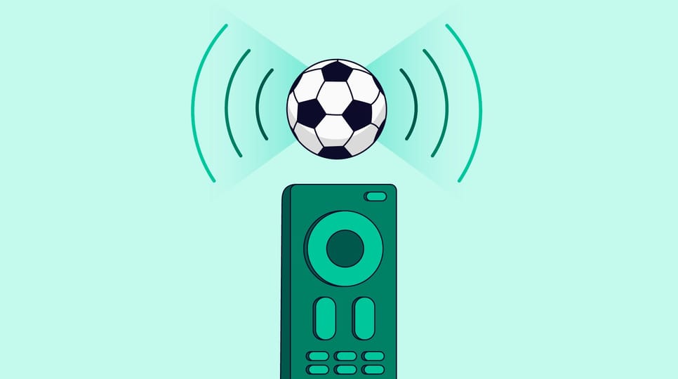 A football sits on top of a broadcast tower with internet lines emanating out of it. The base of the broadcast tower is a TV remote.