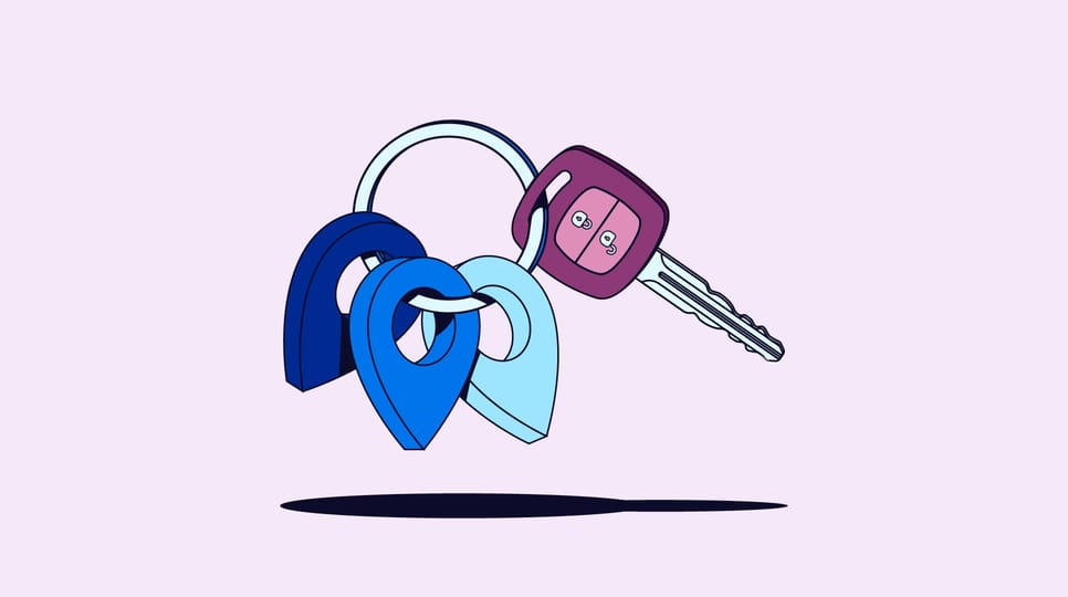 Illustration of a car key with three location pins on the key chain.