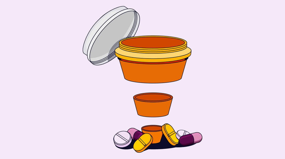 Illustration showing a bottle of prescription pills, and the bottle is shaped like a marketing funnel.