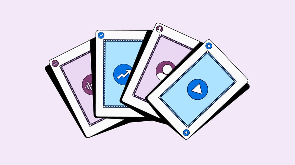An illustration showing four cards fanned out. Each card contains a different icon representing CTV, Audience, Measurement, and Audio.
