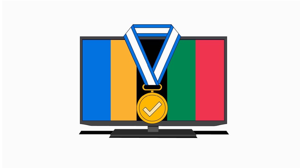 Graphic of an Olympics banner in a TV with a medal over it