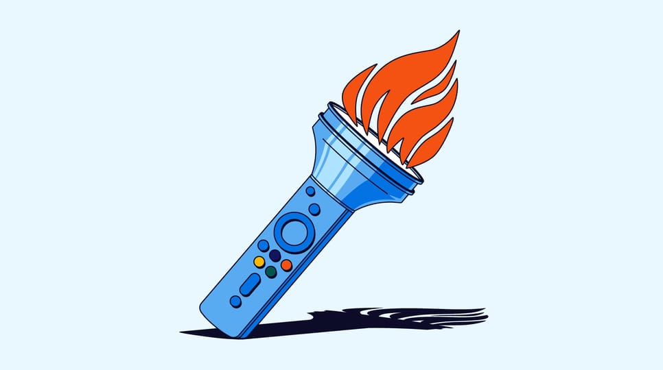Blue graphic of an Olympics torch, where the handle is a remote control.