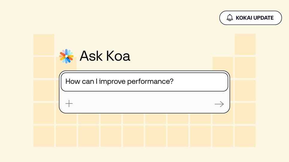 The Trade Desk interface showing Ask Koa with a text box asking How can I improve performance? and a Kokai Update button on a light yellow background.