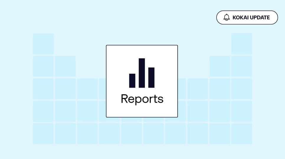 A graphic featuring the word "Reports" with bar graph icons on a light blue background. A Kokai update image sits on the top right.