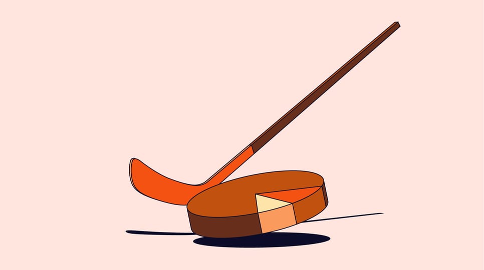 Illustration of an orange hockey stick lying on a large brown hockey puck with a shadow, set against a pale pink background.