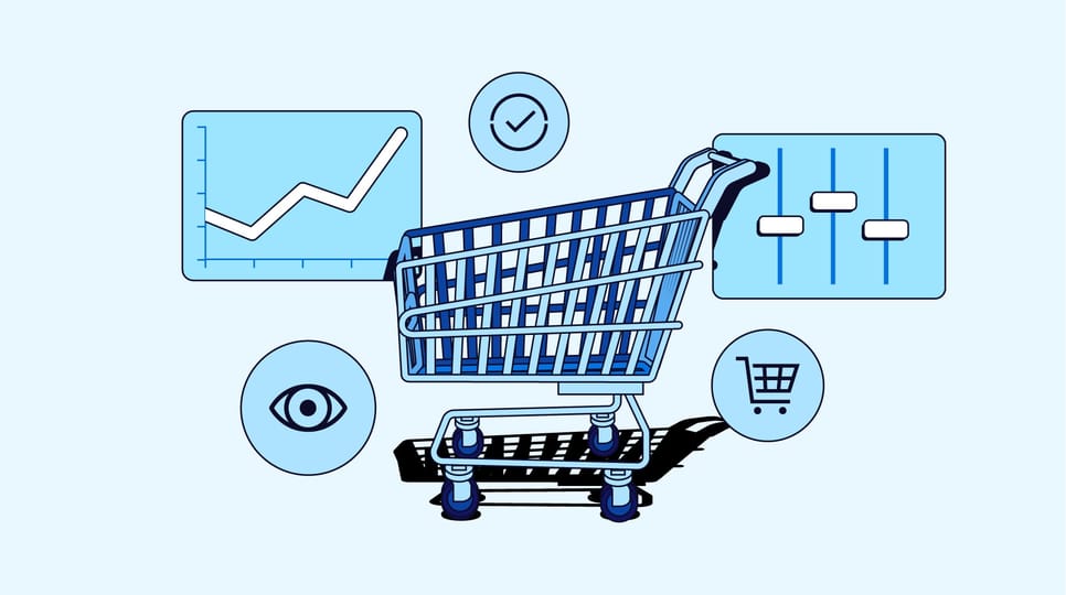 Graphic of a blue shopping cart with various retail data logos floating around it and The Trade Desk logo in the top left corner