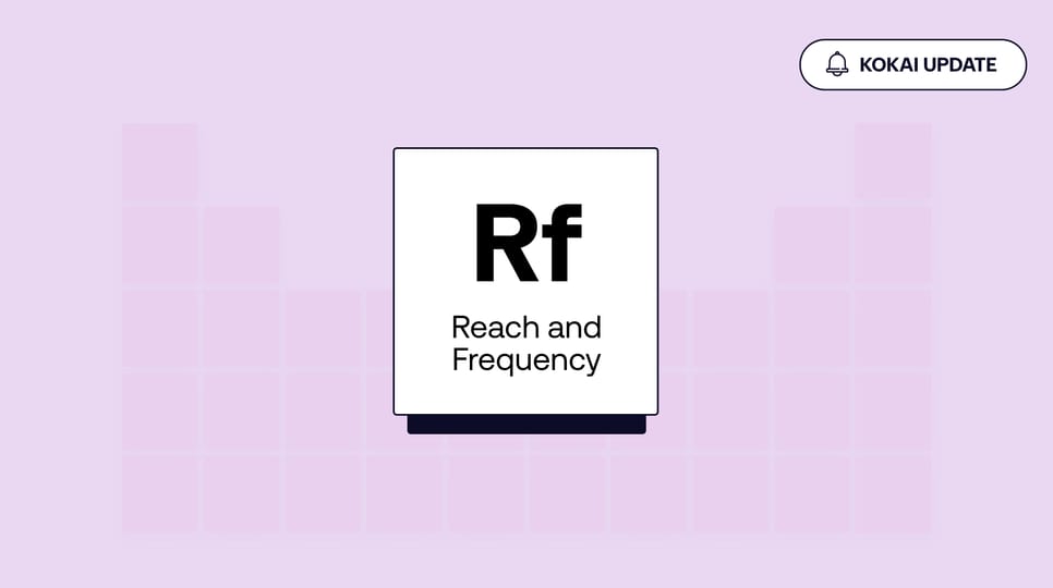 A central white card labeled "Rf" and "Reach and Frequency" sits on a lavender background with a "KOKAI UPDATE" pill in the top right.