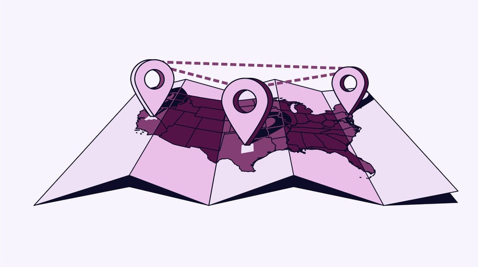 A stylized folded map of the United States with large location pins connected by dashed lines to show multiple mapped points across the country.